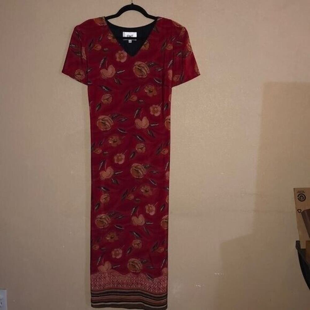 Donna Ricco Boho Hippie Resort Vacation Midi Red Orange Floral Maxi Dress